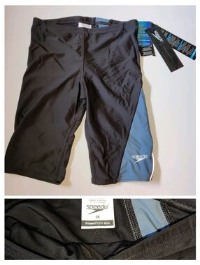 Speedo Men's PowerFLEX Eco Revolve Splice Jammer Swimsuit Size 26 Black/Blue NWT